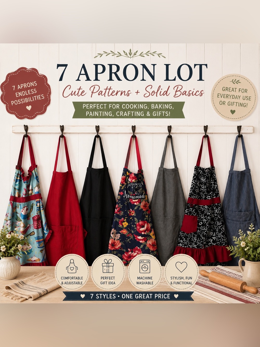 7 Apron Lot – Cooking & Painting Aprons – Cute Patterns + Solid Basics